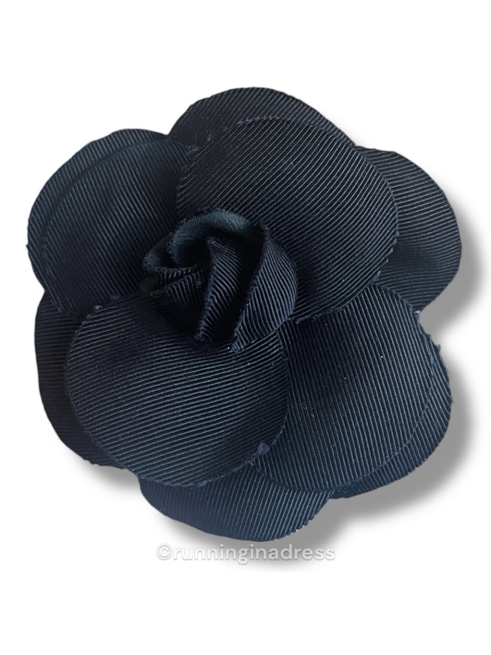 Authentic Vintage CHANEL Black Grosgrain Fabric Camellia Flower Brooch Pin 1980s